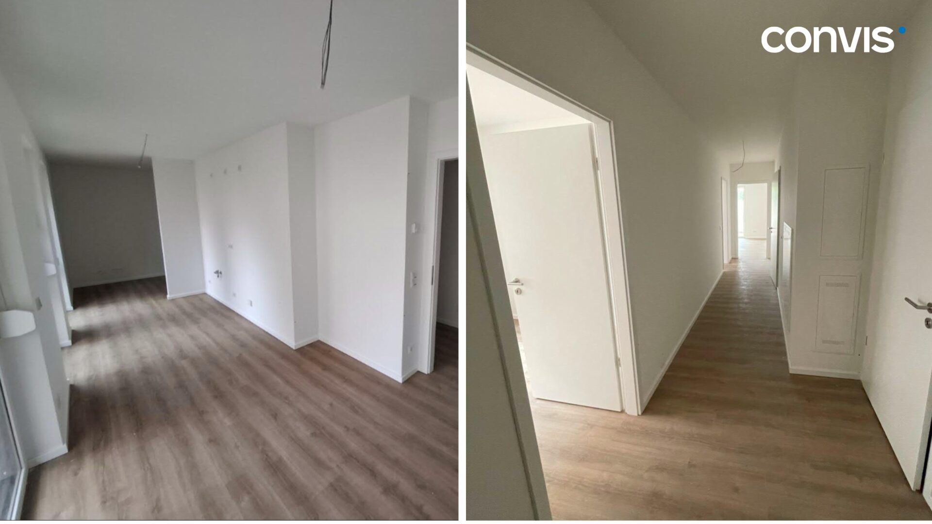 Leere Räume mit Holzfußboden und neutraler Wandfarbe, ideal für individuelle Gestaltung.