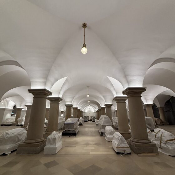 Historischer Gewölbekeller mit Säulen und verpackten Objekten, sanft beleuchtet.