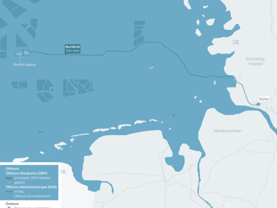 Karte des Offshore-Windparks BorWin6, einschließlich Standorte und Kabelverbindungen in Deutschland.