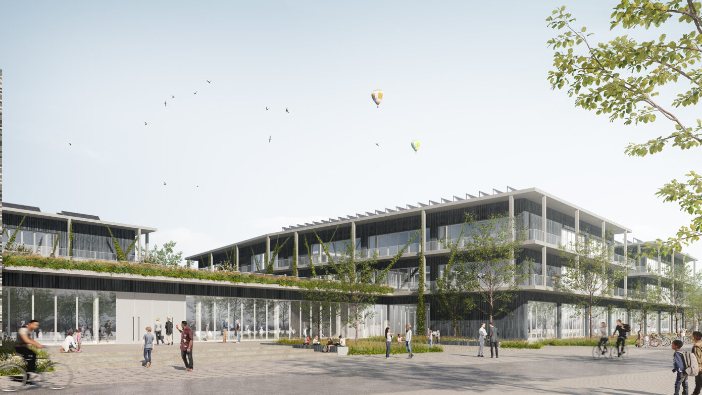 Visualisierung der IGS Langehagen mit begrünten Terrassen und Freizeitaktivitäten in urbaner Umgebung.