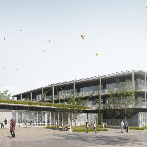 Visualisierung der IGS Langehagen mit begrünten Terrassen und Freizeitaktivitäten in urbaner Umgebung.