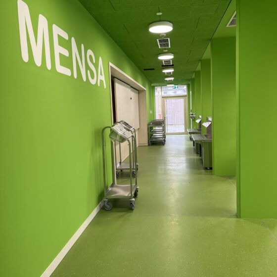 Flur in der Astrid-Lindgren-Grundschule mit grünen Wänden.