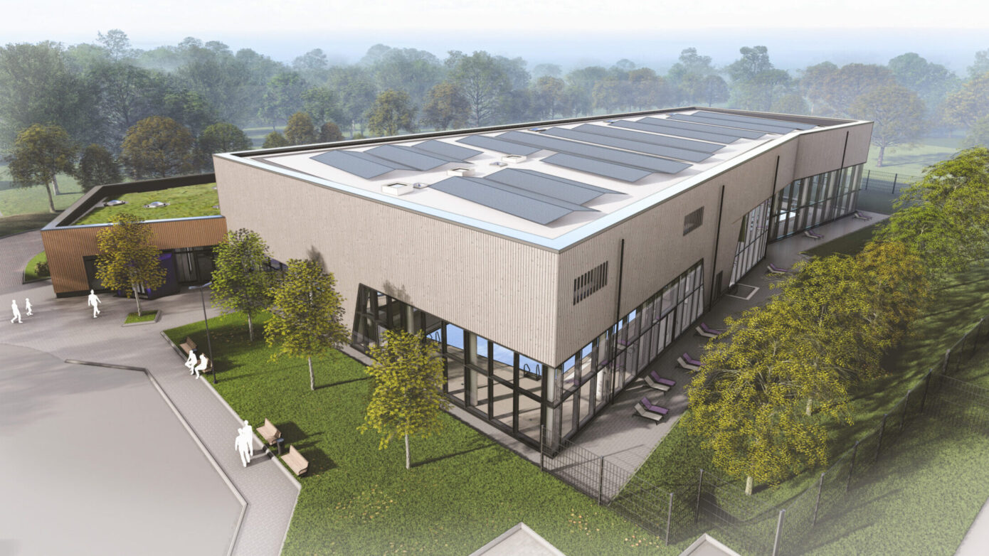 Visualisierung vom Hallenbad Stuhr von außen mit moderner Architektur mit Solarpanelen und grüner Umgebung.
