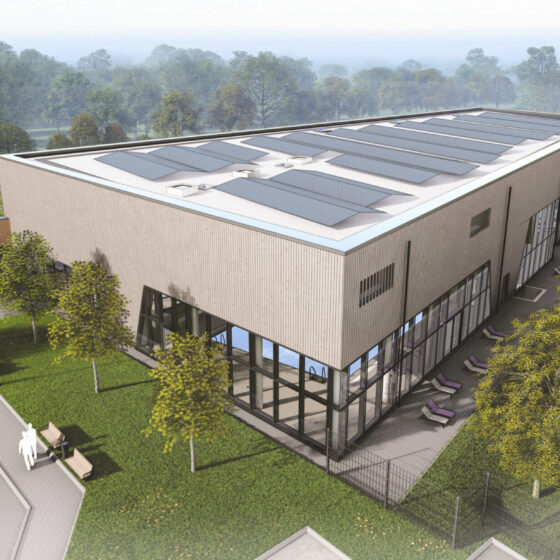 Visualisierung vom Hallenbad Stuhr von außen mit moderner Architektur mit Solarpanelen und grüner Umgebung.