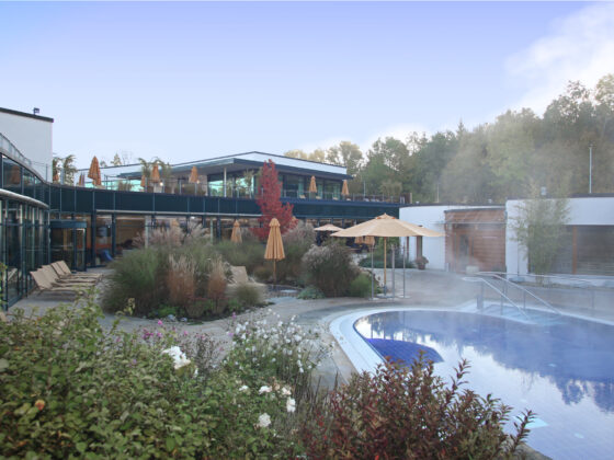 Mineraltheme Böblingen mit Pool, Liegen und blühenden Pflanzen in ruhiger Umgebung.
