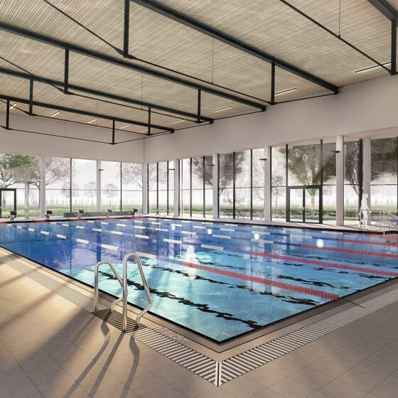 Visualisierung vom Hallenbad Stuhr von innen mit einem Schwimmbecken mit sechs 25-Meter-Bahnen und einer Sprunganlage sowie großen Fenstern.