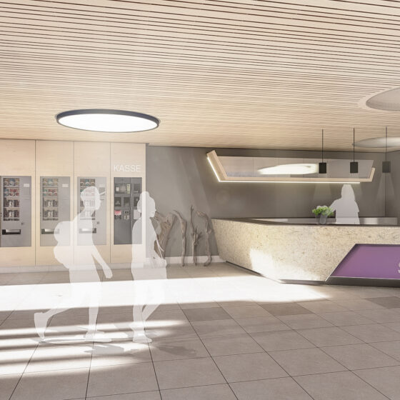 Visualisierung vom Eingangsbreich vom Hallenbad Stuhr mit einem Empfangstresen, einer Kasse und barrierefreiem Zugang.