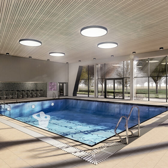 Visualisierung vom Hallenbad Stuhr von innen mit einem ein 125 m² großen Lehrschwimmbecken, Liegestühlen und großen Fenstern.