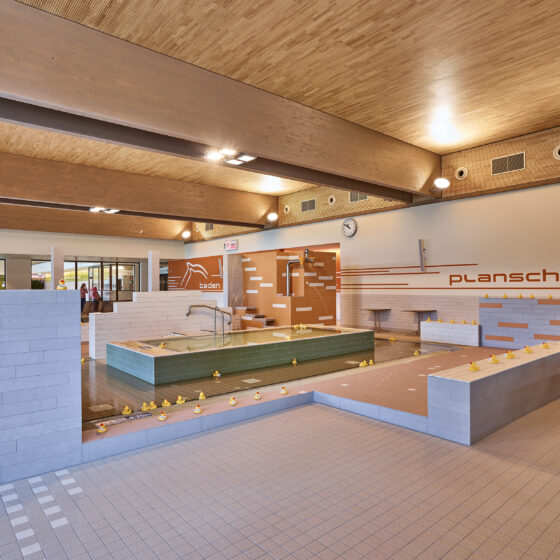 Moderne Schwimmlandschaft mit Planschbecken und Entspannungsbereich für Familien und Kinder.
