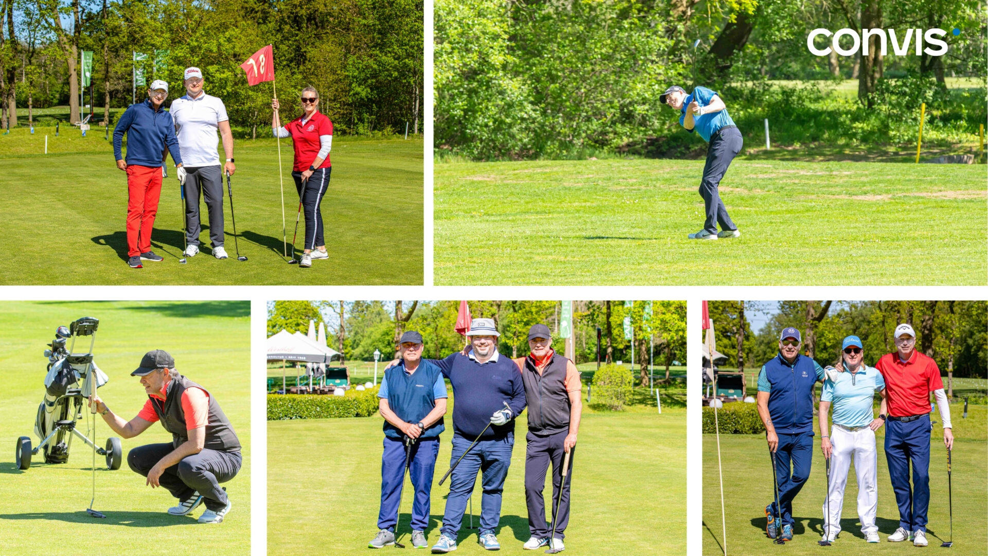Golfturnier mit Spielern, Golfplatz, Schlägern und fröhlicher Atmosphäre. Ideal für Sportbegeisterte.
