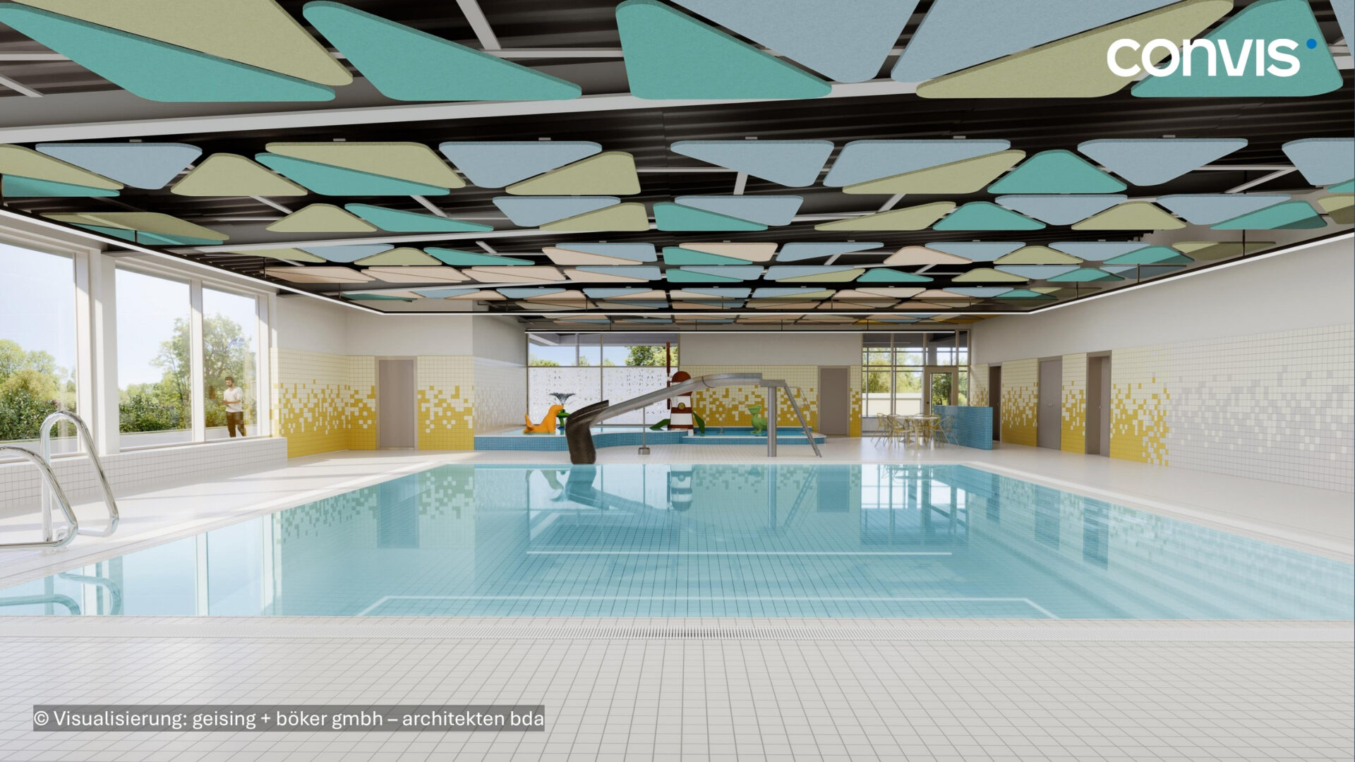 Moderne Schwimmhalle mit bunten Deckenelementen und einem Sprungbrett.