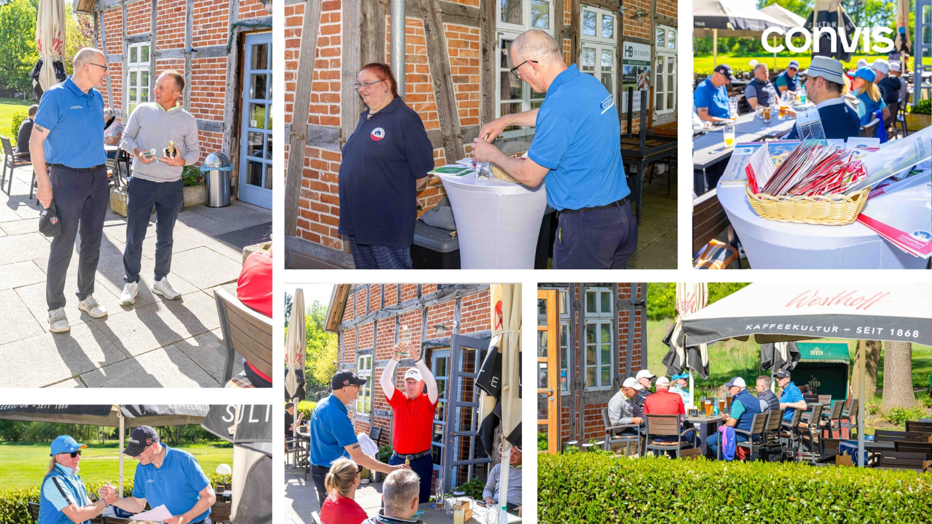 Golfveranstaltung mit Teilnehmern, Gesprächen und Aktivitäten im Freien, entspannte Atmosphäre.