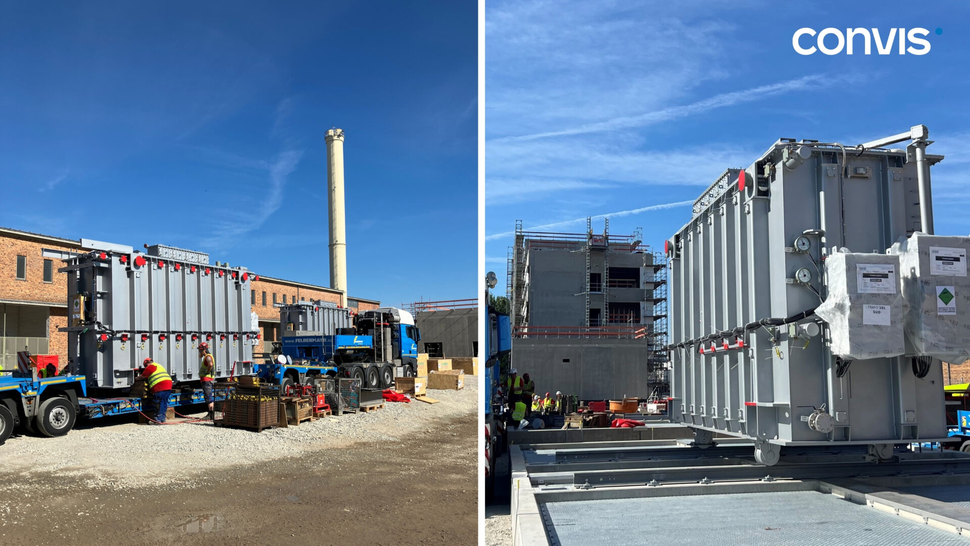 Moderne Bauarbeiten mit Containern und Maschinen auf einer Baustelle unter blauem Himmel.