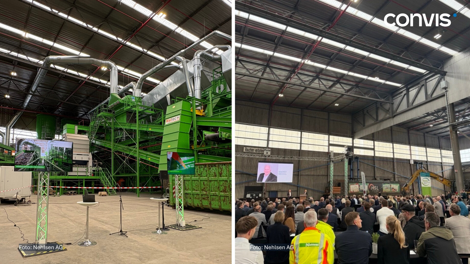 Moderne Recyclinganlage mit Präsentation und Publikum in einer Industriehalle.
