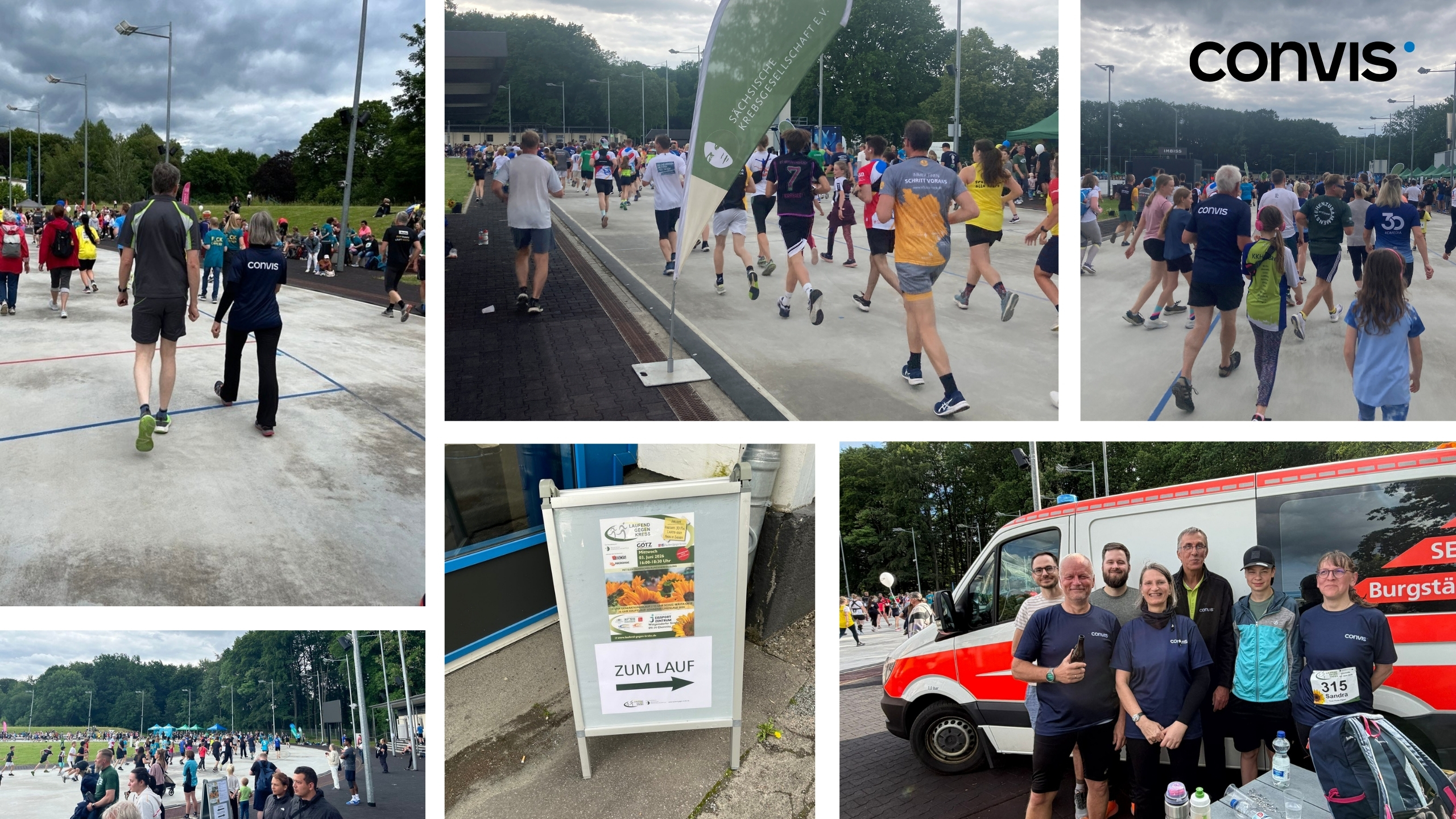 Teilnehmer eines Lauf-Events in einer lebhaften Sportumgebung mit Convis-Logo.