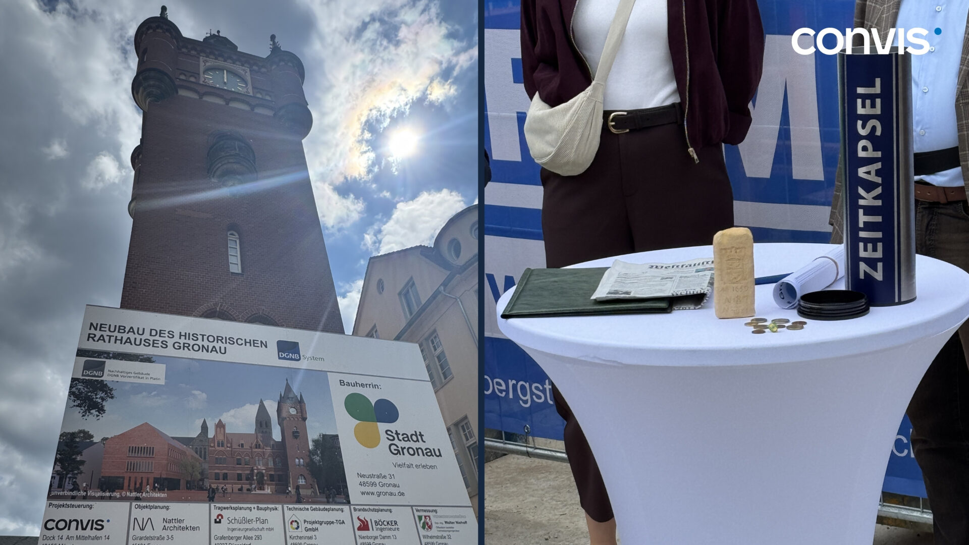 Neubau des historischen Rathauses Gronau mit Informationsstand und Präsentationsmaterialien.