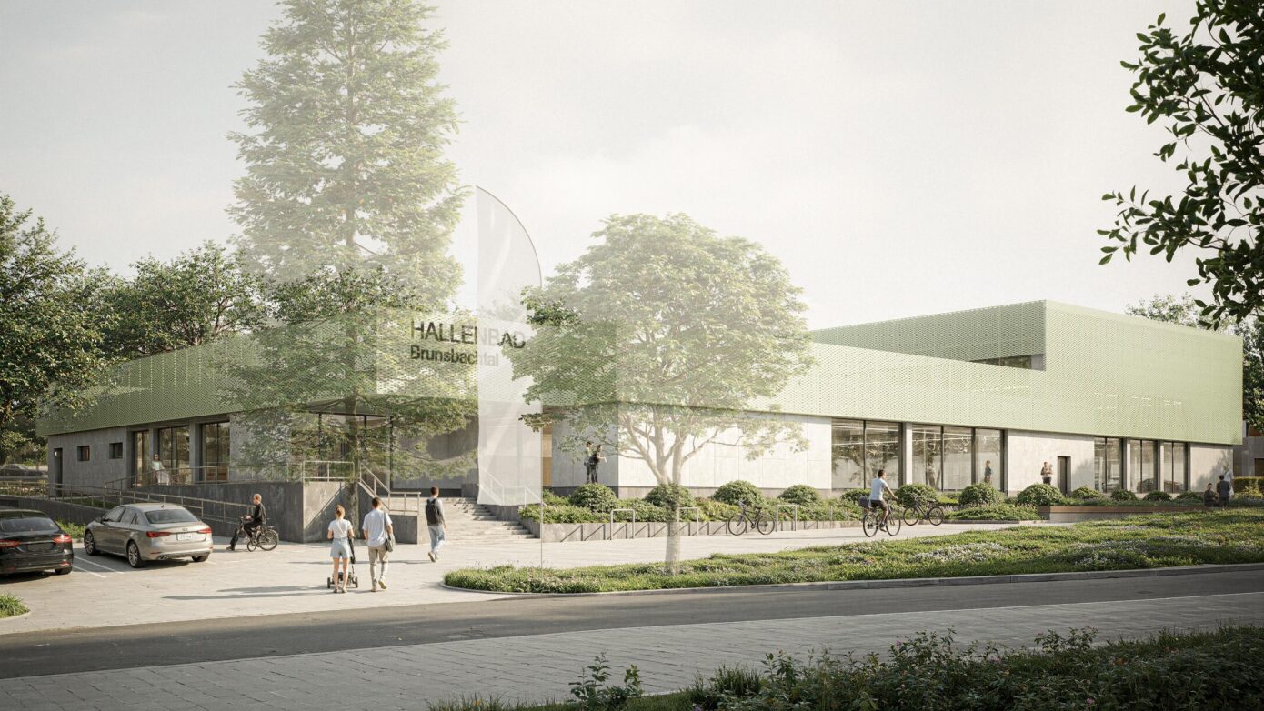 Visualisierung der Außenansicht des Hallenbads Hückeswagen mit moderner Architektur umgeben von grüner Landschaft und Radfahrern.