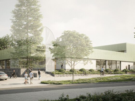 Visualisierung der Außenansicht des Hallenbads Hückeswagen mit moderner Architektur umgeben von grüner Landschaft und Radfahrern.