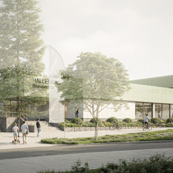 Visualisierung der Außenansicht des Hallenbads Hückeswagen mit moderner Architektur umgeben von grüner Landschaft und Radfahrern.