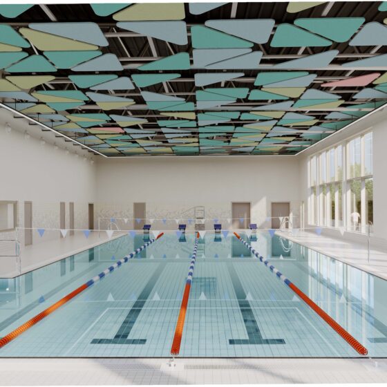 Visualisierung der Innenansicht des Hallenbads Hückeswagen mit vier Schwimmbahnen und eleganter Decke.