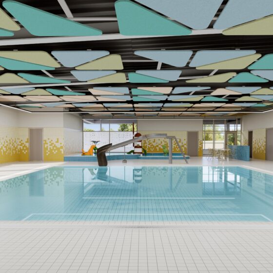 Visualisierung der Innenansicht des Hallenbads Hückeswagen mit Rutsche und buntem Akustikdesign an der Decke.