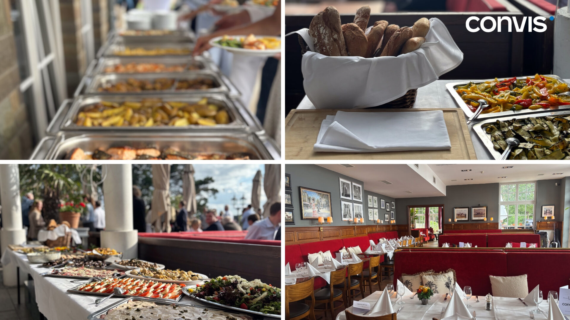 Buffet mit vielfältigen Speisen, frischem Brot und einladendem Restaurant-Ambiente.