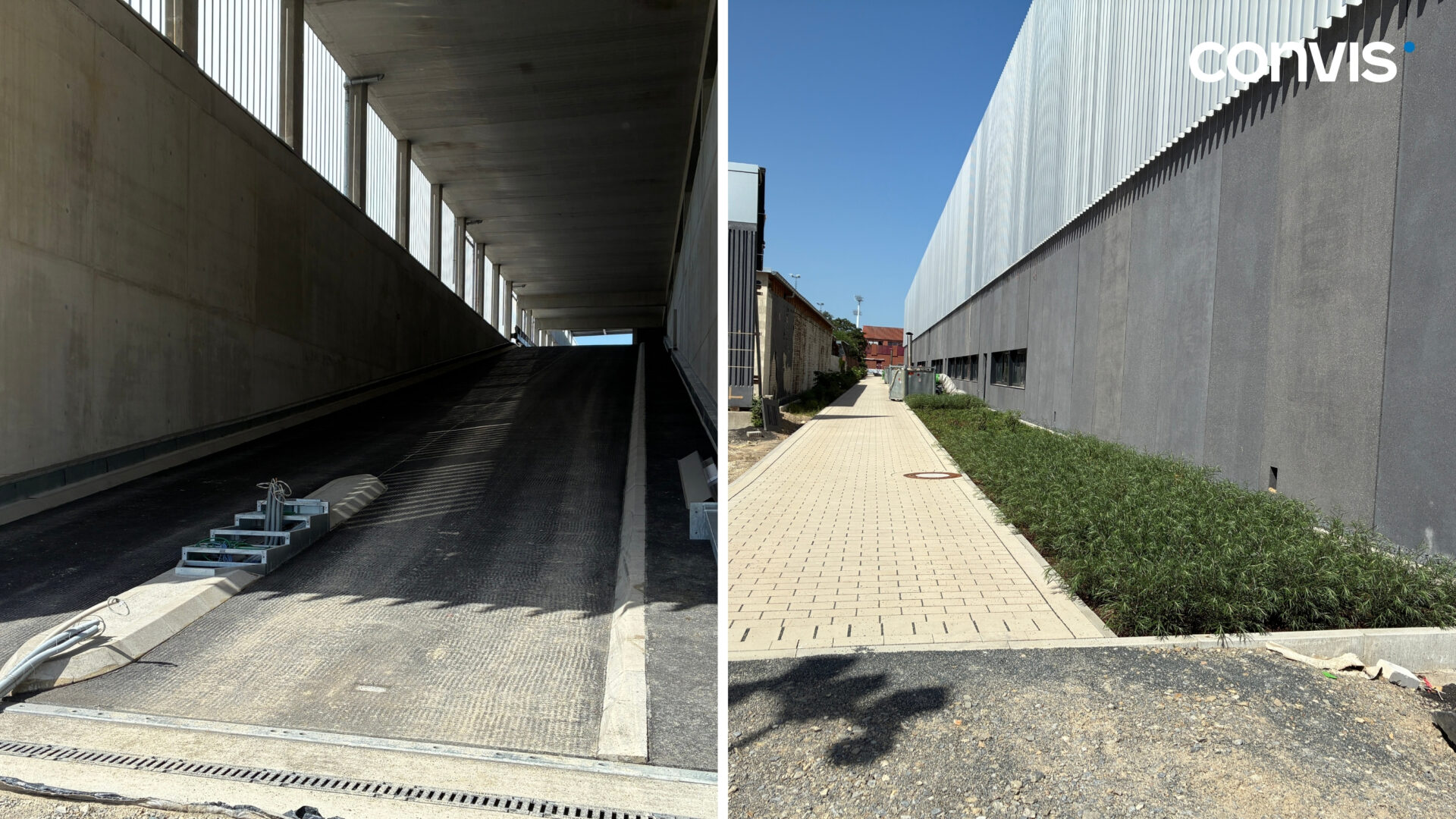 Zwei Ansichten: Rampe und Gehweg neben einem modernen Gebäude.