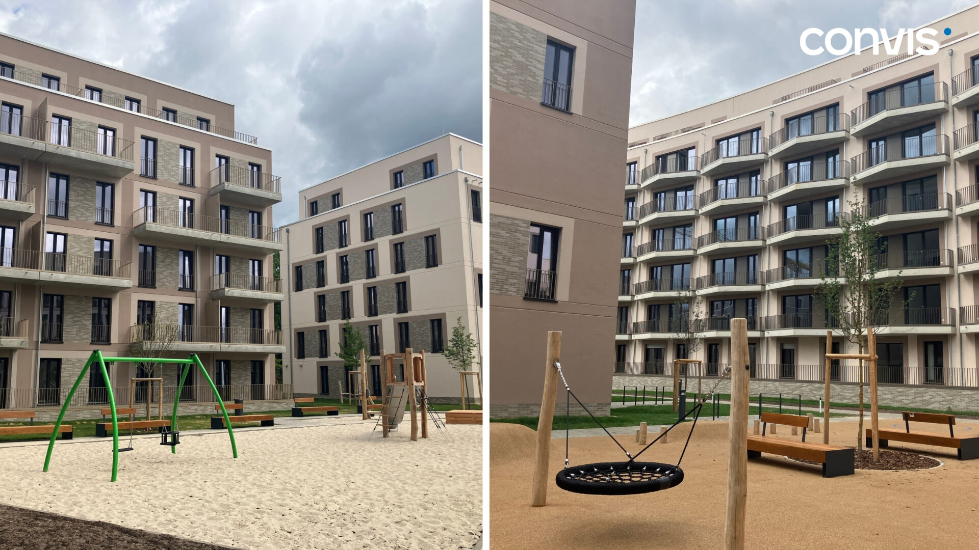 Moderne Wohnanlage mit Spielplatz und ansprechender Architektur in urbaner Umgebung.