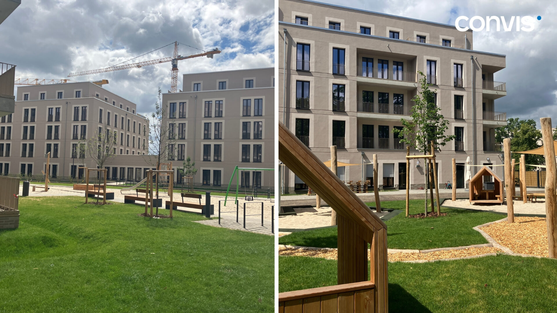 Neues Wohngebiet mit Spielplatz, Grünflächen und modernen Gebäuden unter einem bewölkten Himmel.