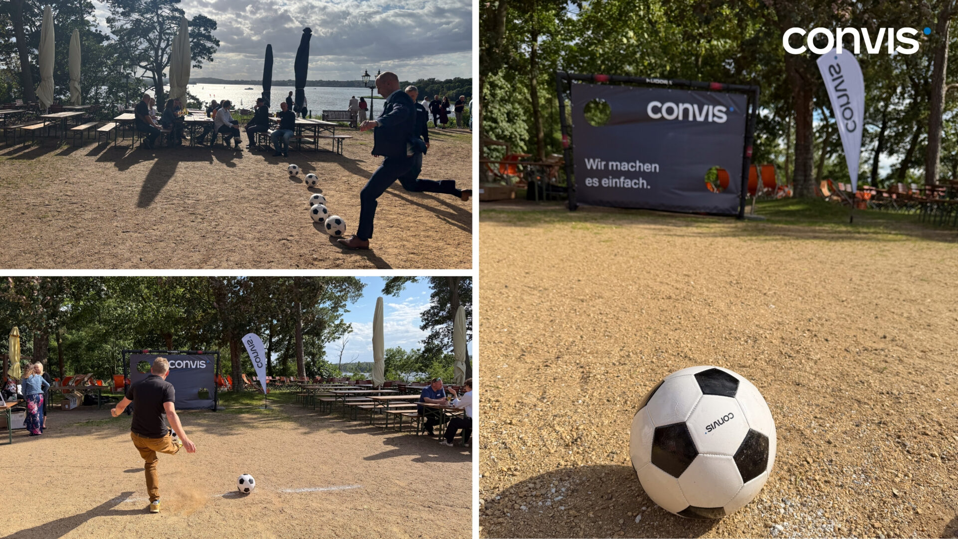 Fußballspiel bei Convis-Event am See mit Teilnehmern und Werbebannern.