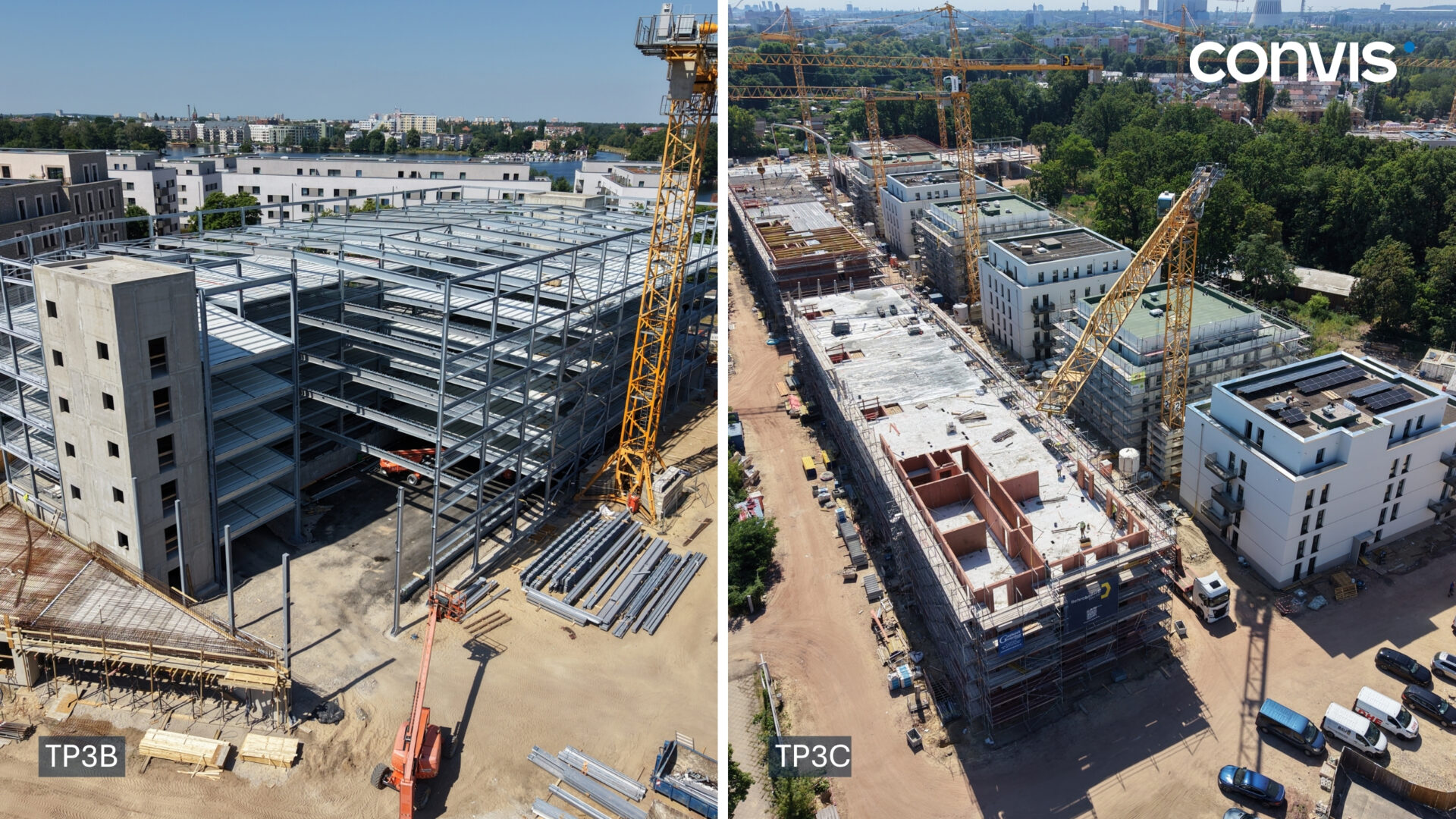 Baufortschritt: Moderne Gebäude TP3B und TP3C mit Kränen und Baustellenaktivitäten.