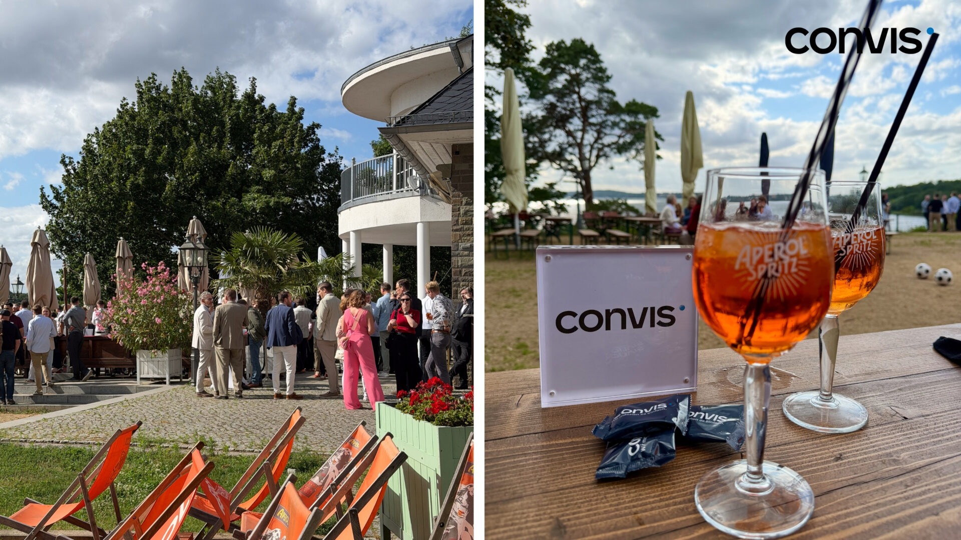 Geselliges Event im Freien mit Drinks und Gästen vor malerischer Kulisse.