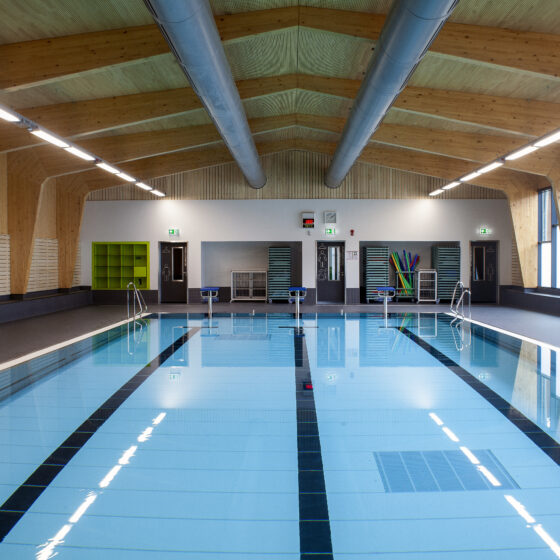 Modernes Hallenbad mit Holzdecke und klaren Wasseroberfläche, ideal zum Schwimmen.