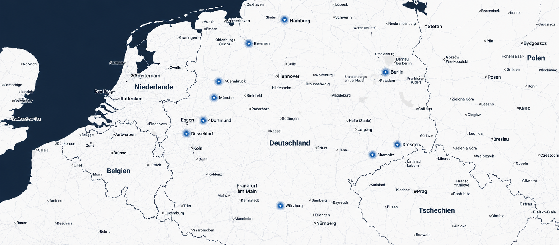 Karte von Deutschland mit Städten und Nachbarländern, ideal für geografische Informationen.