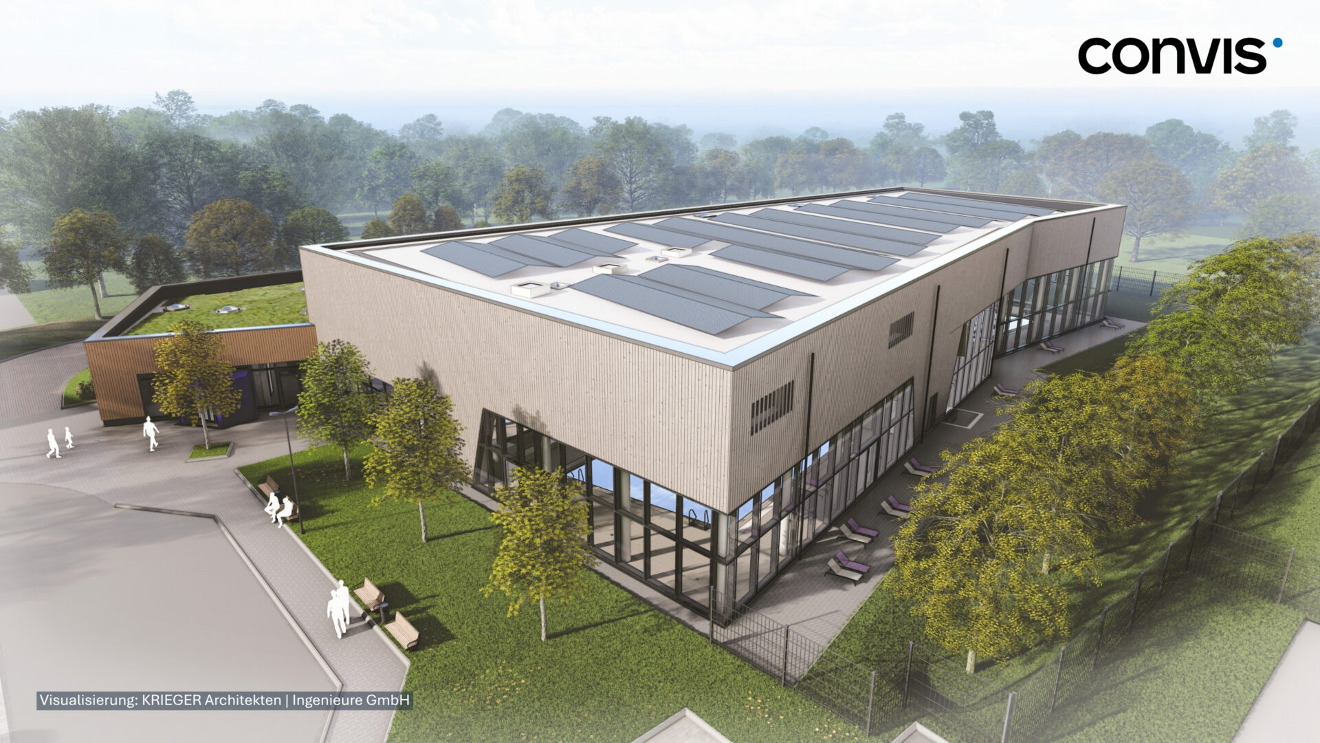 Moderne Architektur mit Solarpanelen und großen Fenstern, Visualisierung von CONVIS.