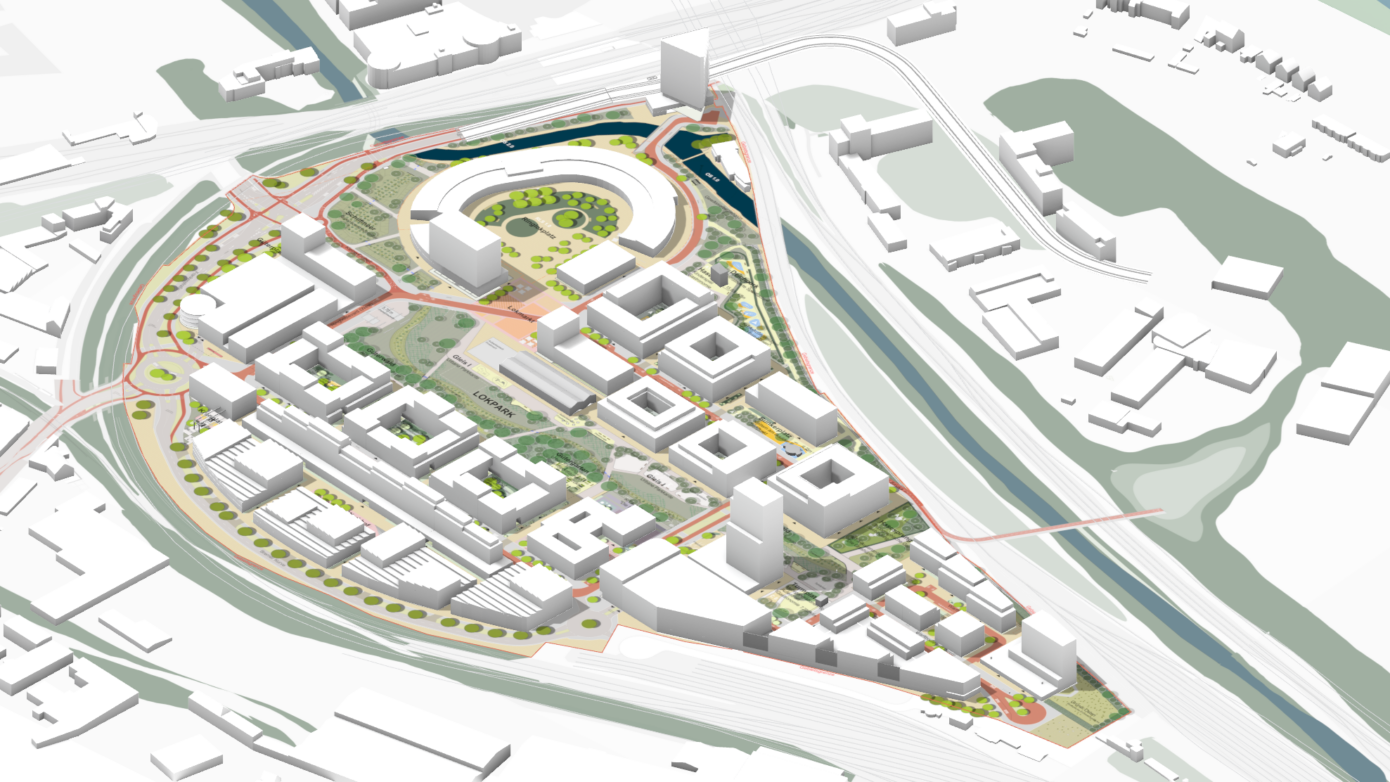 Moderne Stadtplanung: Luftaufnahme eines urbanen Entwicklungsprojekts mit Grünflächen und Gebäuden.