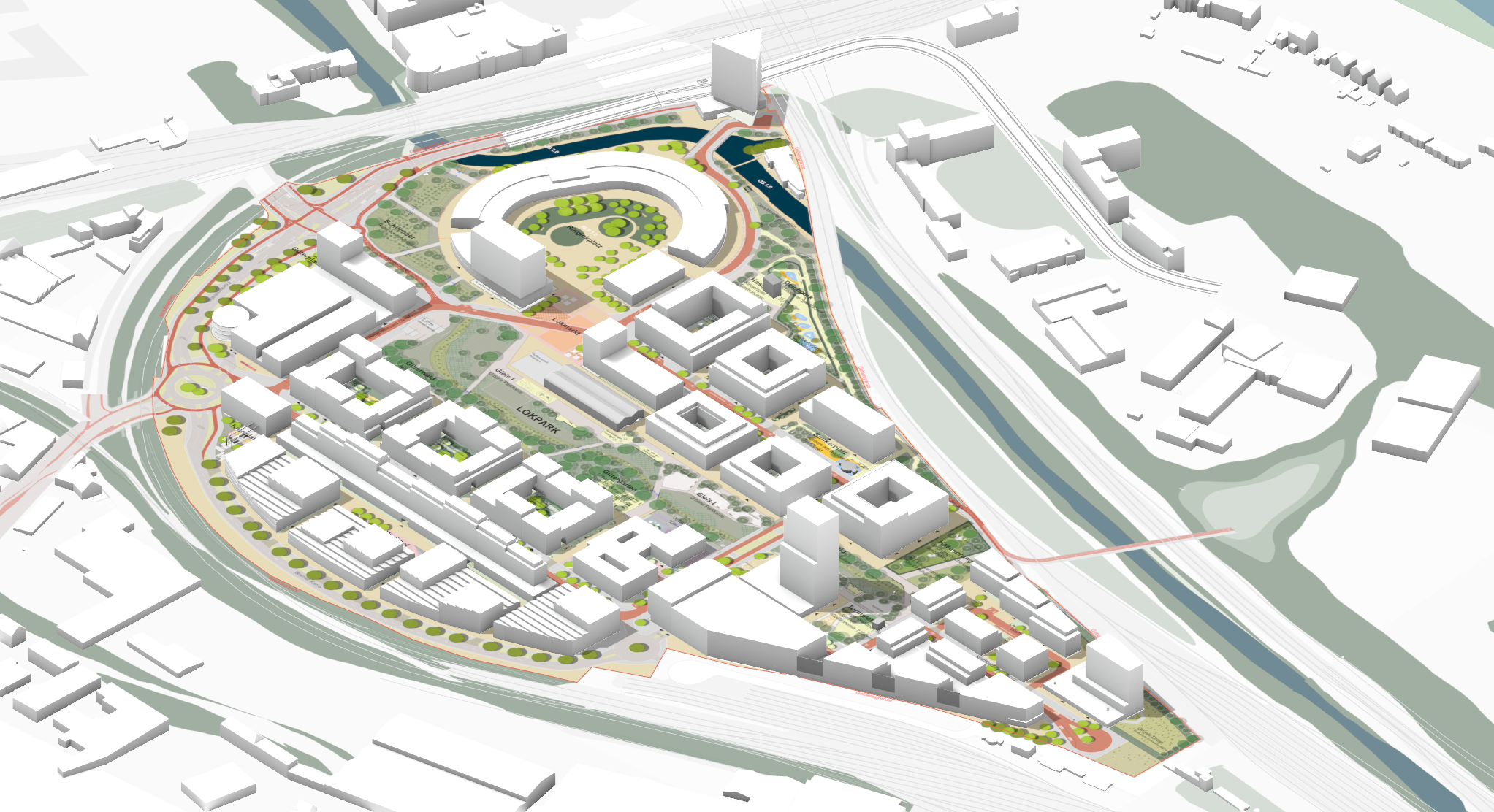 Moderne Stadtplanung: Luftaufnahme eines urbanen Entwicklungsprojekts mit Grünflächen und Gebäuden.