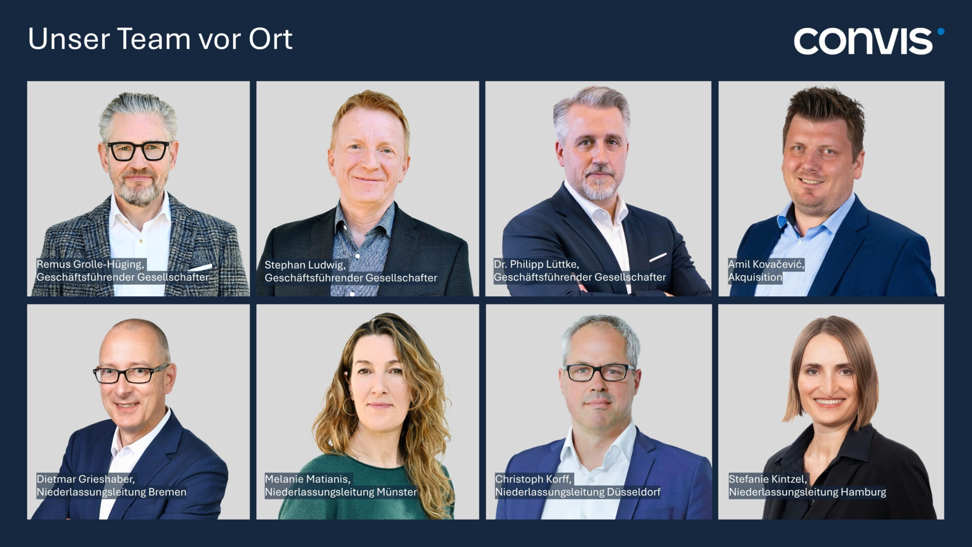 Teamfoto von Convis: Geschäftsführer und Niederlassungsleiter in professioneller Umgebung.
