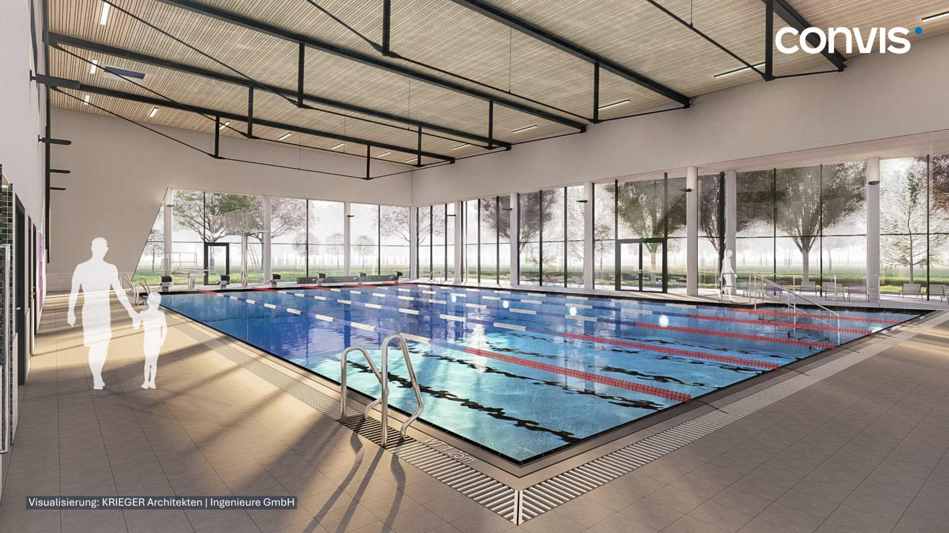 Modernes Schwimmbad mit großem Becken und natürlichem Licht, ideal für Familien.