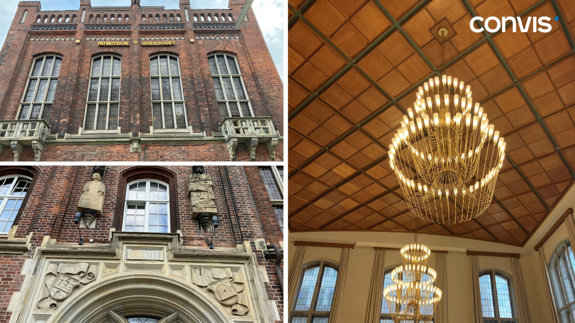 Historisches Gebäude mit beeindruckender Fassade und eleganter Innenausstattung, inklusive Kronleuchter.