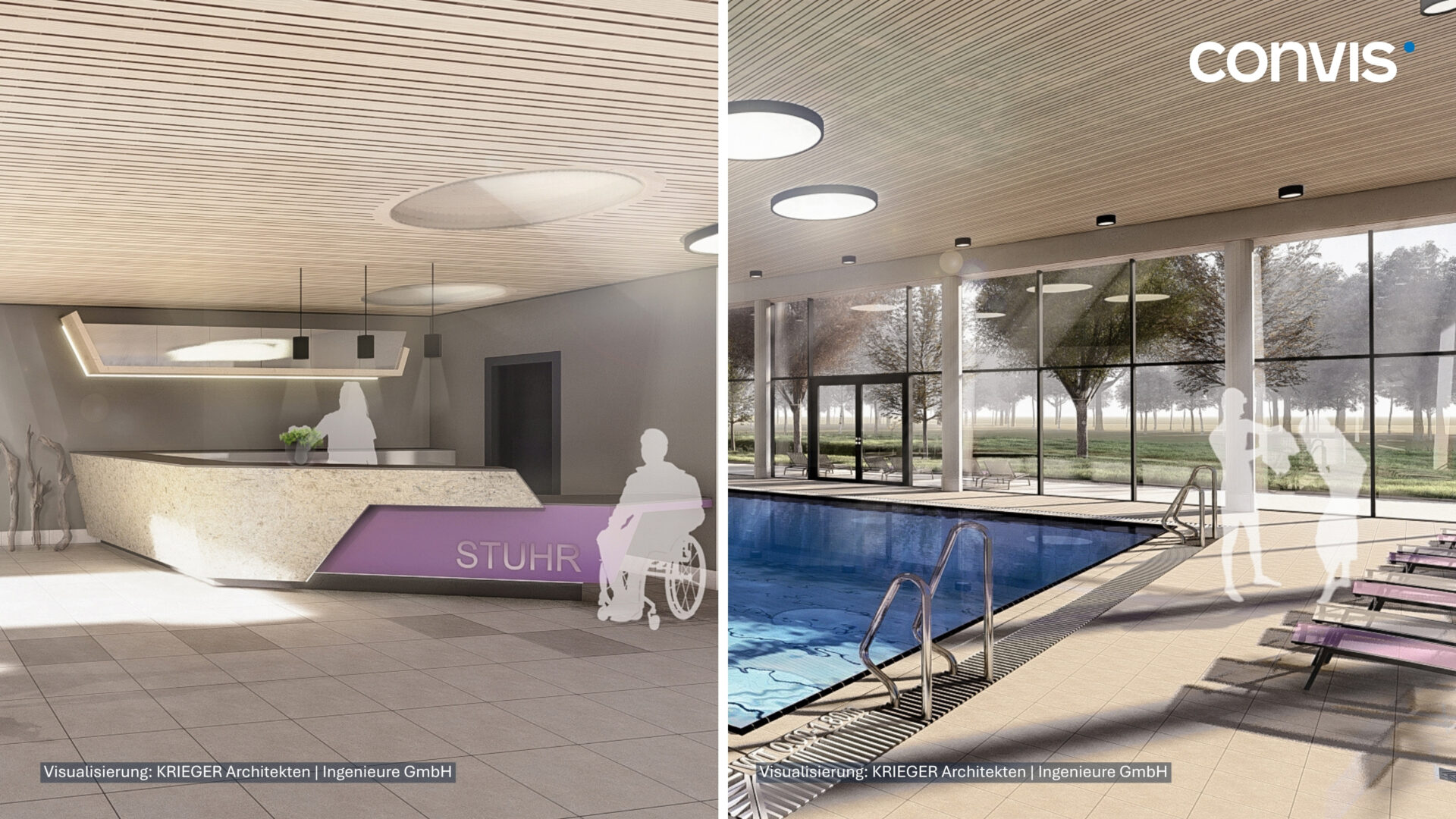 Moderne Empfangshalle und Schwimmbadvisualisierung von CONVIS Ingenieuren und KRIEGER Architekten.