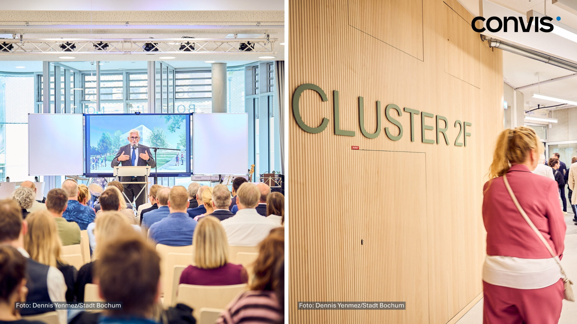 Veranstaltung im Cluster 2F in Bochum mit Publikum und Präsentation.