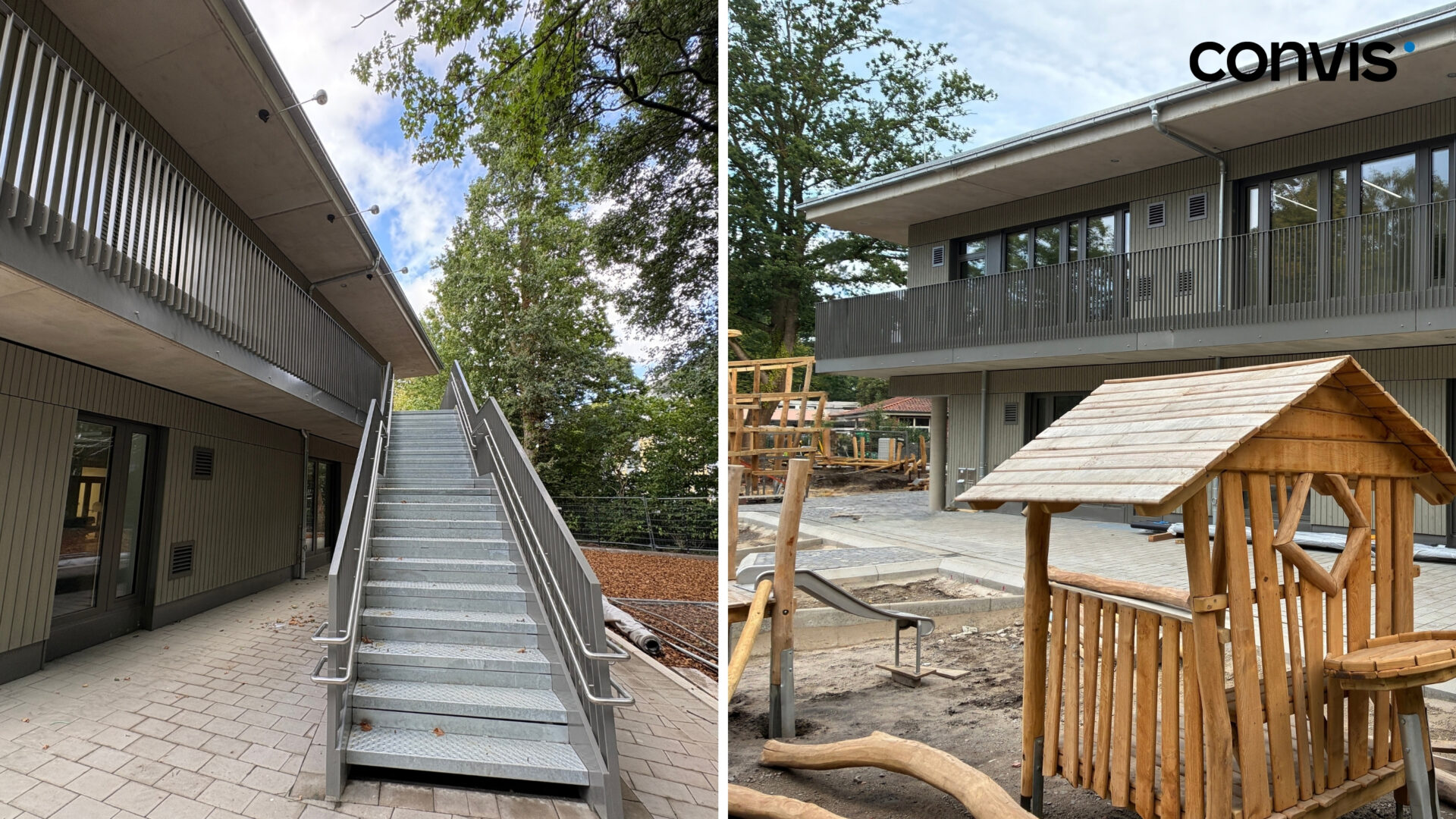 Moderne Architektur mit Treppe und Spielplatz im Außenbereich einer Bildungseinrichtung.