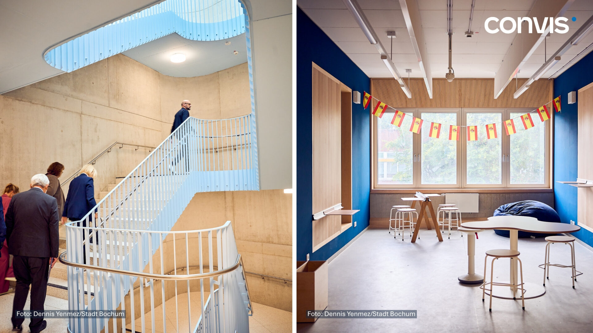 Moderne Architektur in Bochum: Treppenhaus und lichtdurchfluteter Raum mit bunten Bannern.