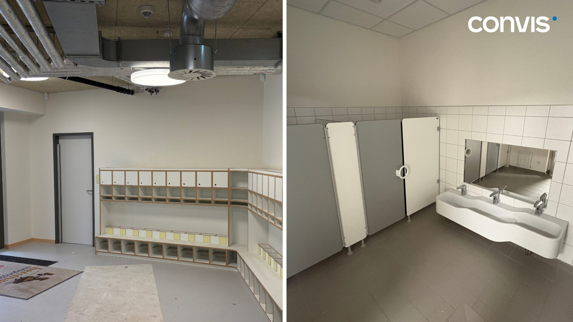 Modernes Badezimmer mit Waschbecken und Umkleidebereich, helle Farben und funktionale Ausstattung.