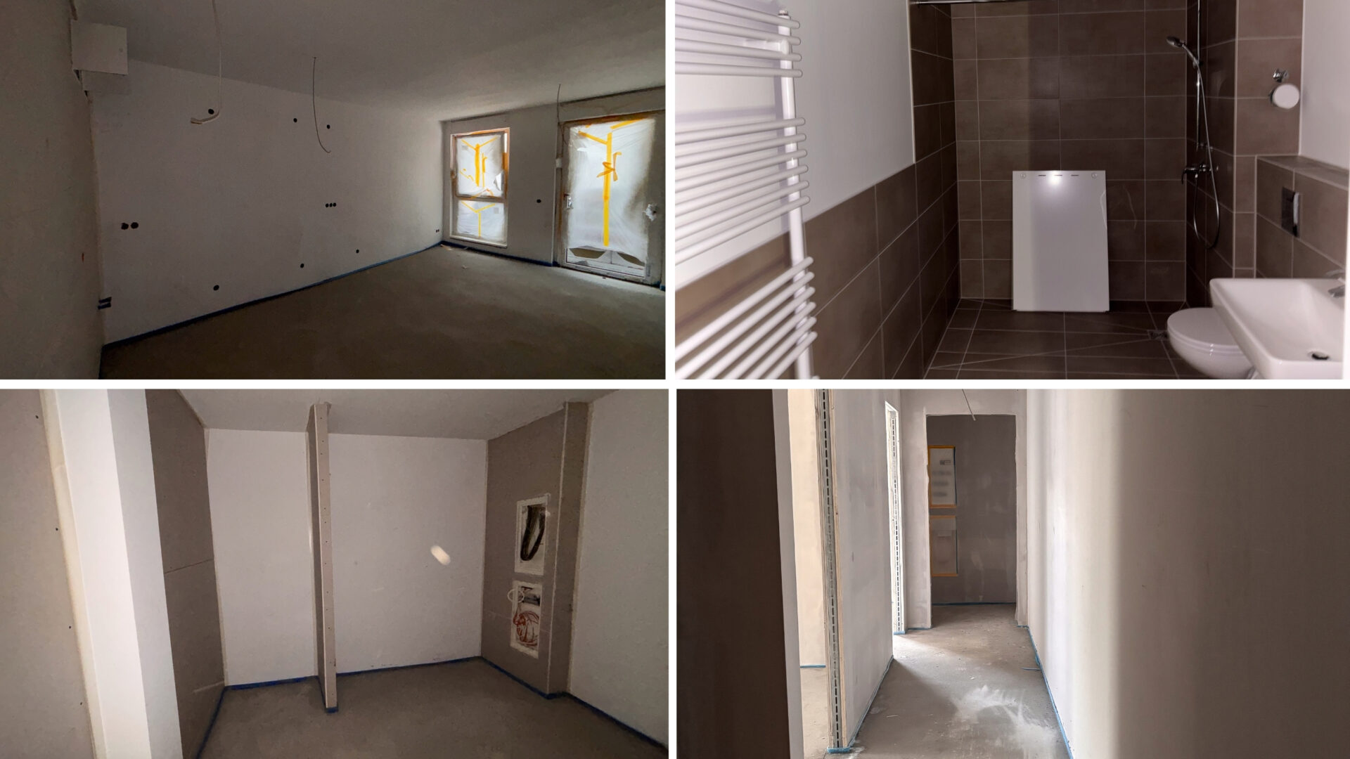 Renovierungsprojekt: Leere Räume mit frischem Putz und neuen Fliesen in modernem Design.
