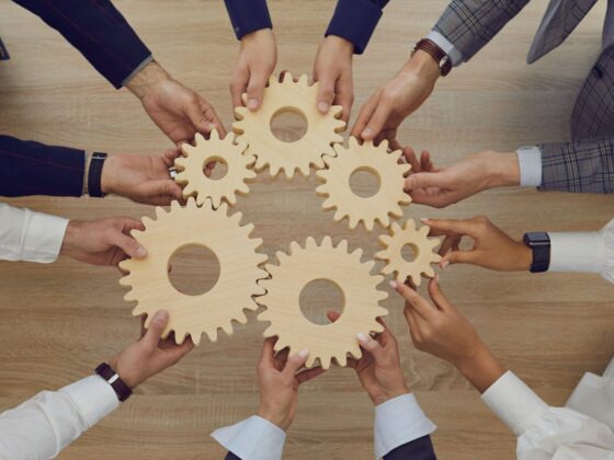 Hände halten Holzgetriebe, die Zusammenarbeit und Teamarbeit symbolisieren.