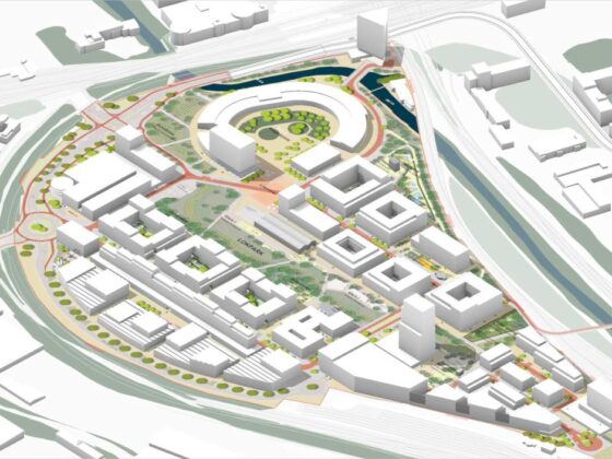 Stadtplan mit modernen Gebäuden und Grünflächen, ideal für urbanes Leben und Freizeit.