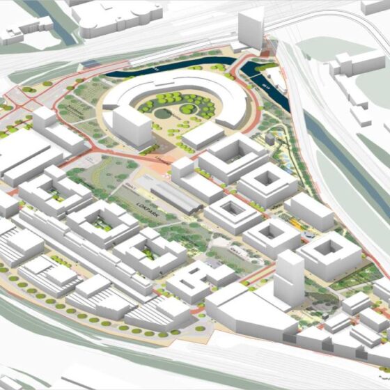 Stadtplan mit modernen Gebäuden und Grünflächen, ideal für urbanes Leben und Freizeit.