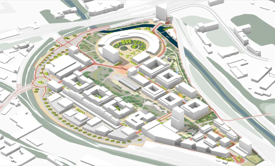 Stadtplan mit modernen Gebäuden und Grünflächen, ideal für urbanes Leben und Freizeit.